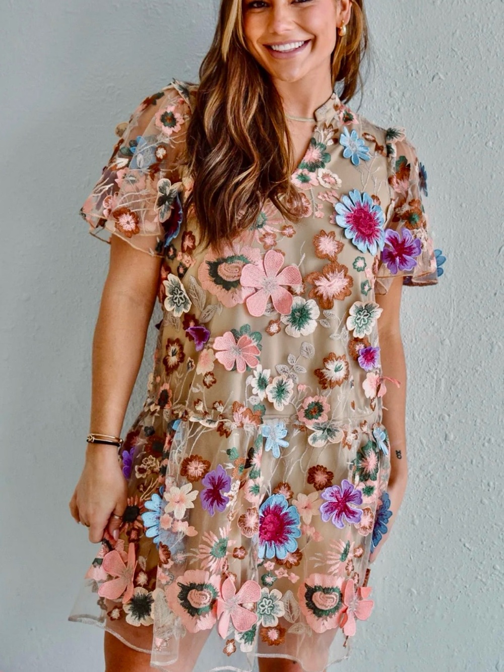 MULTI 3D FLORAL PEPLUM PUFF SLEEVE MINI DRESS
